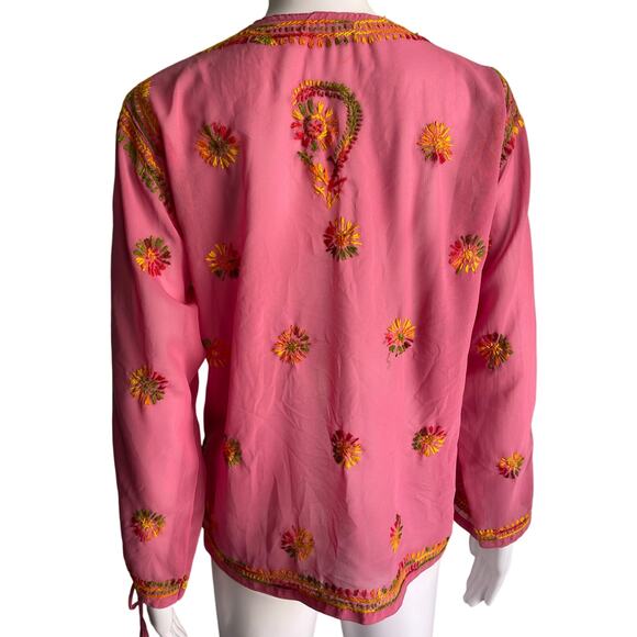 Embroidered Top Bohemian Tunic Flowers Vneck Hippy Sheer Pink Size Small - Picture 4 of 5